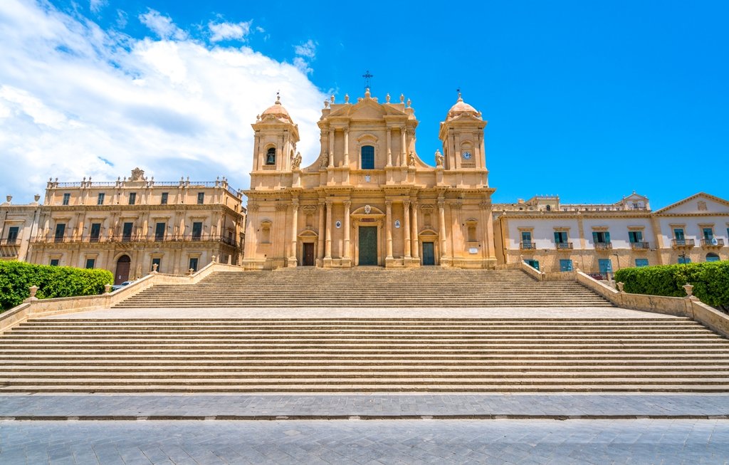 The famous Cathedral of Noto (Basilica Minore of San Nicolò) on a sunny summer day. Province of Siracusa, Sicily, Italy.
