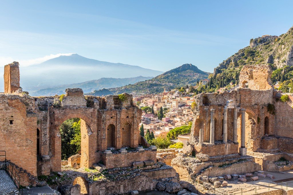 The stage of Taormina's Greek Theater with Mount Etna in the background, Taormina, Sicily